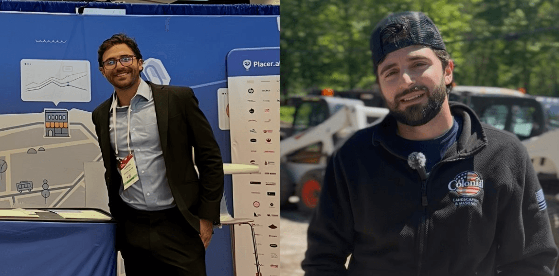 Cameron Galeno on the conference floor and on a job site — founder and contractor